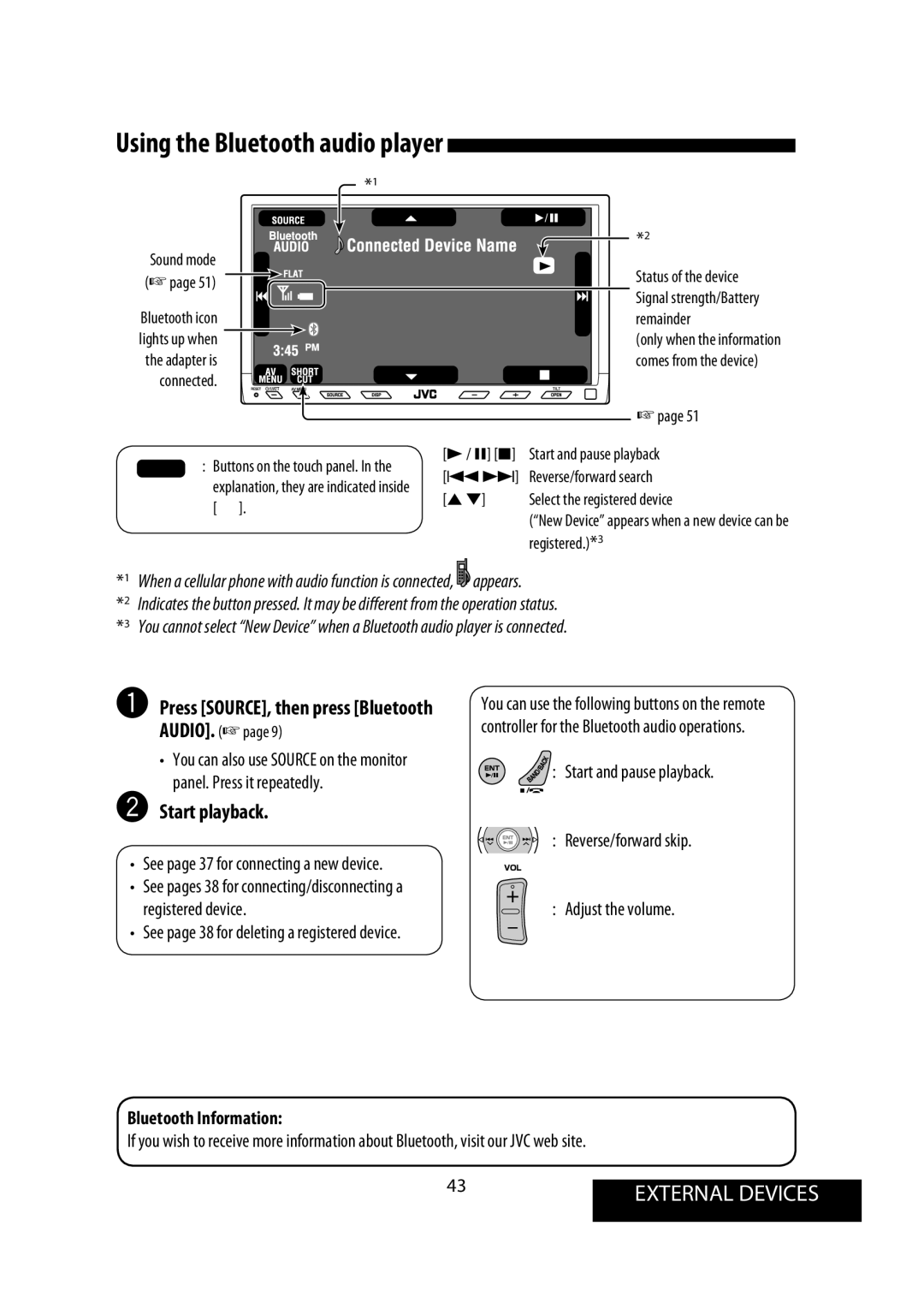 JVC KW-AVX900 manual Start playback, ~ Press SOURCE, then press Bluetooth AUDIO, Bluetooth Information 