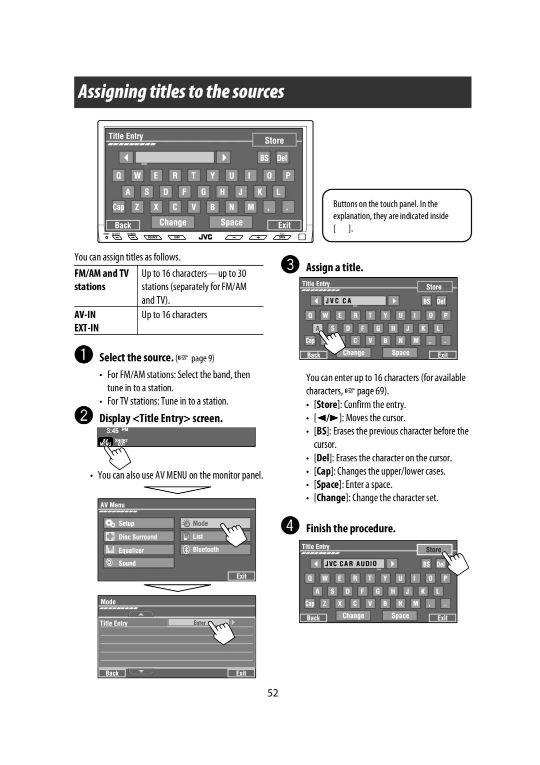 JVC KW-AVX900 manual Assigning titles to the sources, Assign a title, ⁄ Finish the procedure, ~ Select the source 