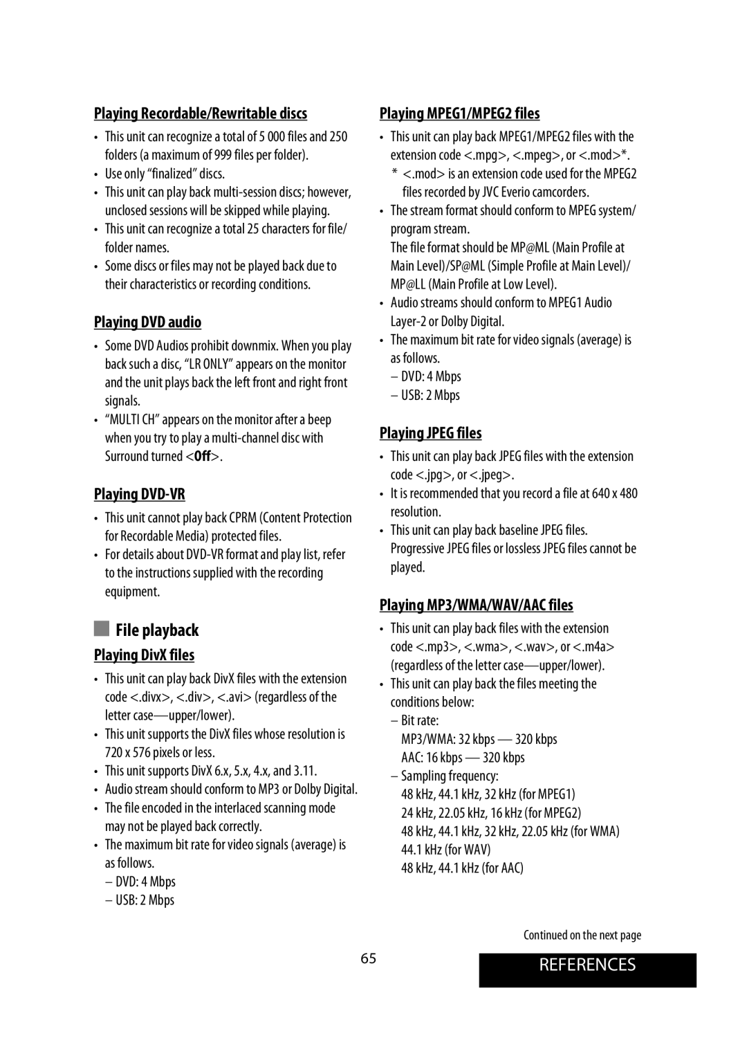 JVC KW-AVX900 manual File playback, 65REFERENCES 