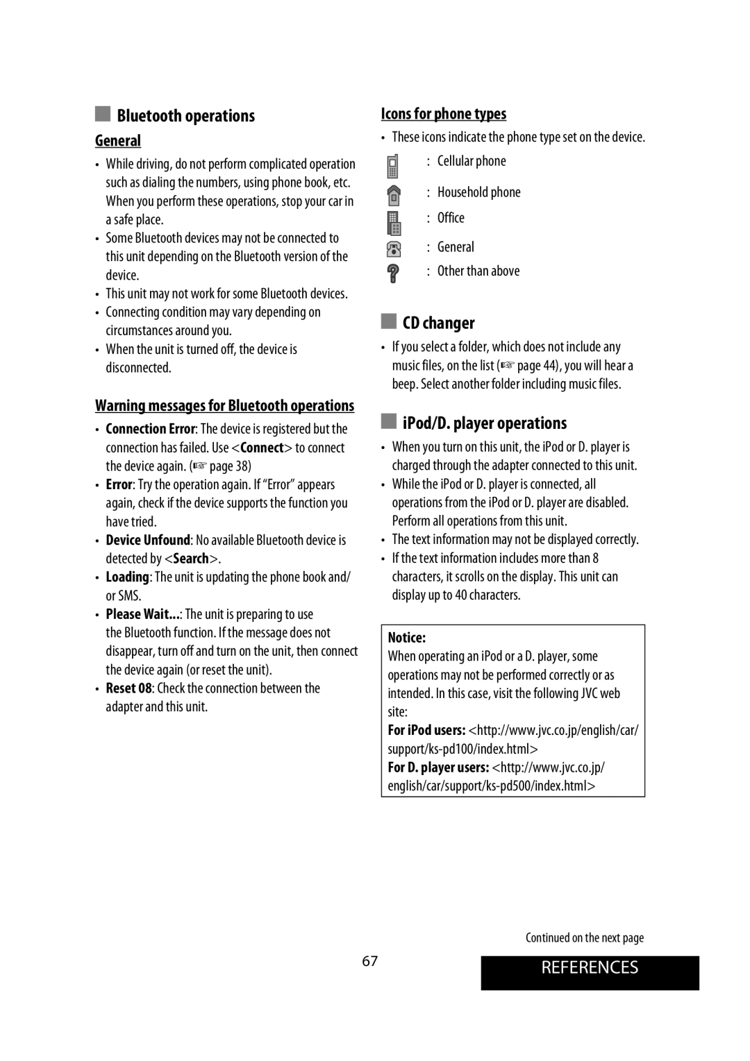 JVC KW-AVX900 manual CD changer, IPod/D. player operations, 67REFERENCES, Icons for phone types 