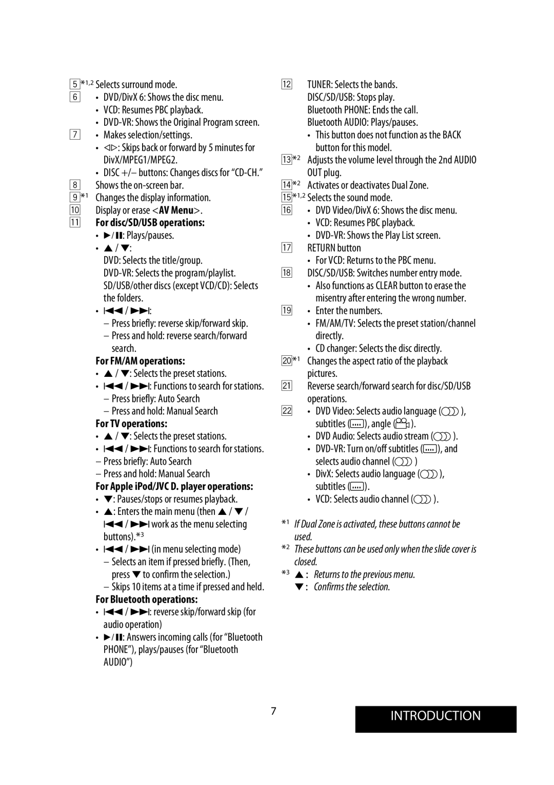 JVC KW-AVX900 manual 7INTRODUCTION, For FM/AM operations, For TV operations, For Bluetooth operations 