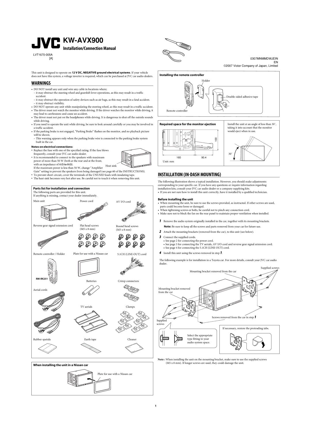 JVC KW-AVX900 manual Installing the remote controller, Parts list for installation and connection 