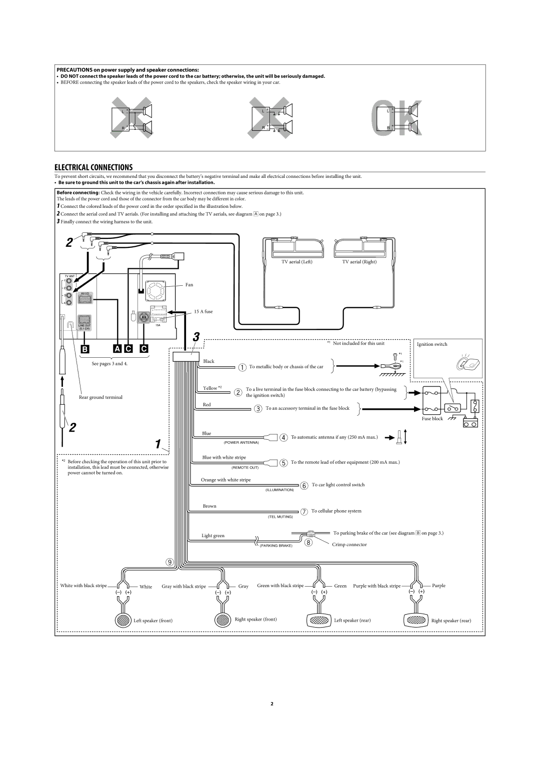 JVC KW-AVX900 manual Electrical Connections, Precautions on power supply and speaker connections 