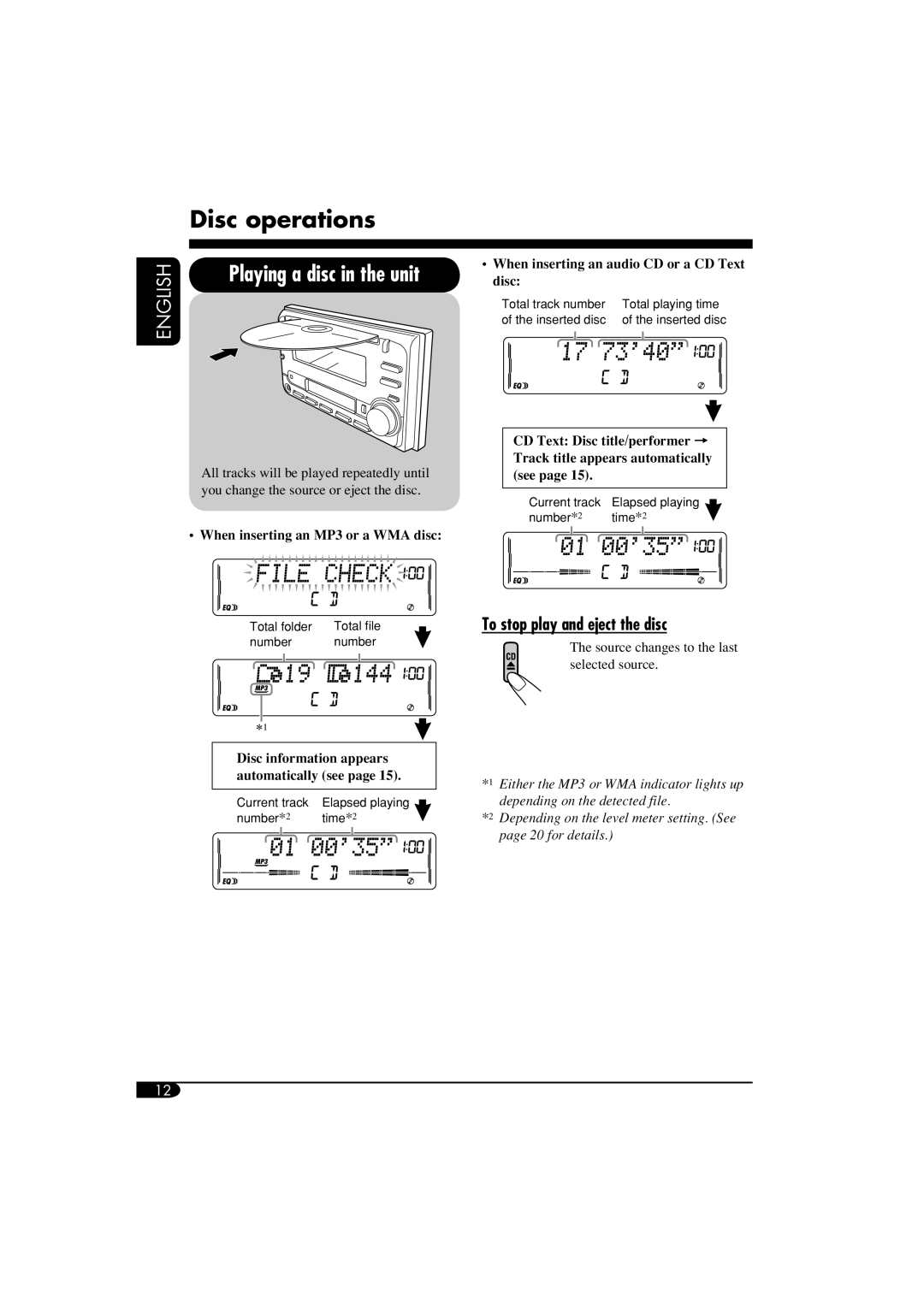 JVC KW-XC405, W-XC406 manual Disc operations, To stop play and eject the disc 