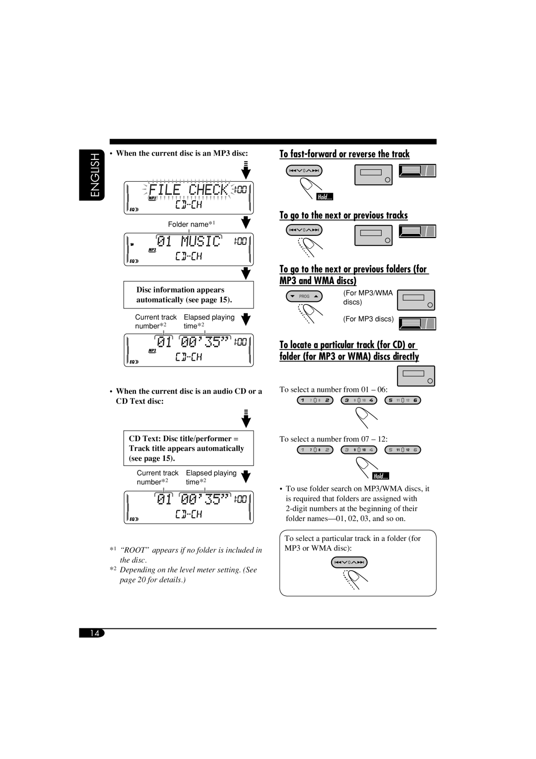 JVC KW-XC405, W-XC406 manual To go to the next or previous folders for MP3 and WMA discs 