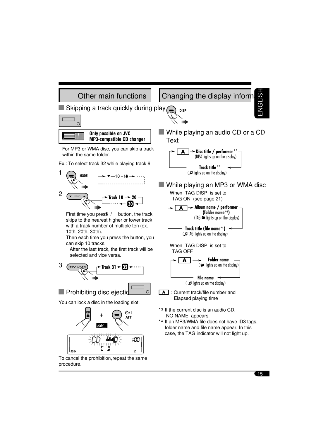 JVC W-XC406, KW-XC405 manual Other main functions, Prohibiting disc ejection, While playing an audio CD or a CD Text 