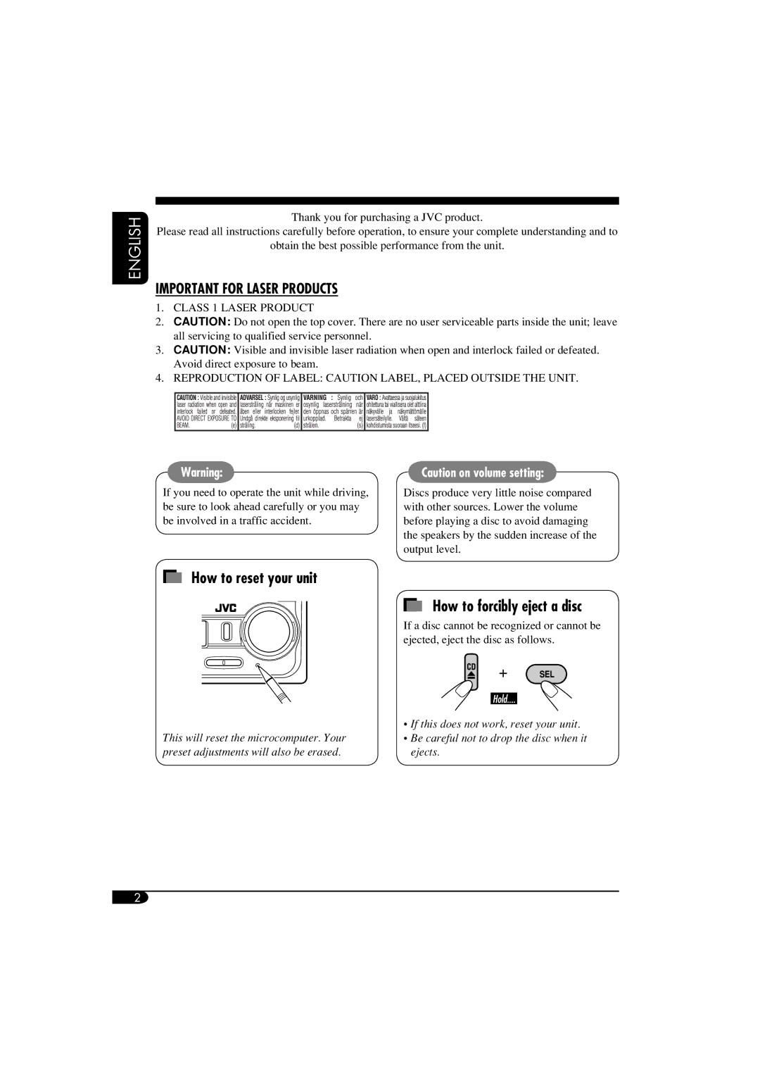 JVC KW-XC405, W-XC406 manual How to reset your unit, How to forcibly eject a disc 