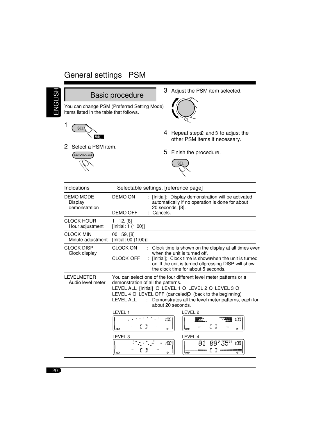 JVC KW-XC405, W-XC406 manual General settings PSM, Basic procedure 