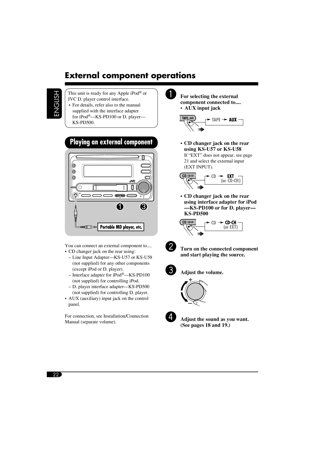 JVC KW-XC405, W-XC406 manual External component operations, Playing an external component 