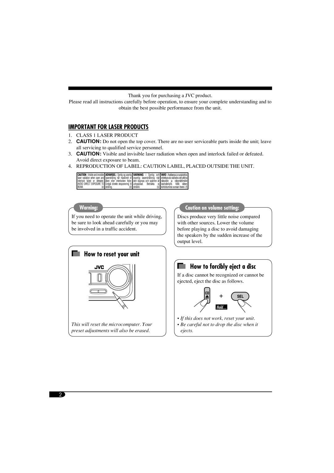 JVC KW-XC405, W-XC406 manual How to reset your unit How to forcibly eject a disc 