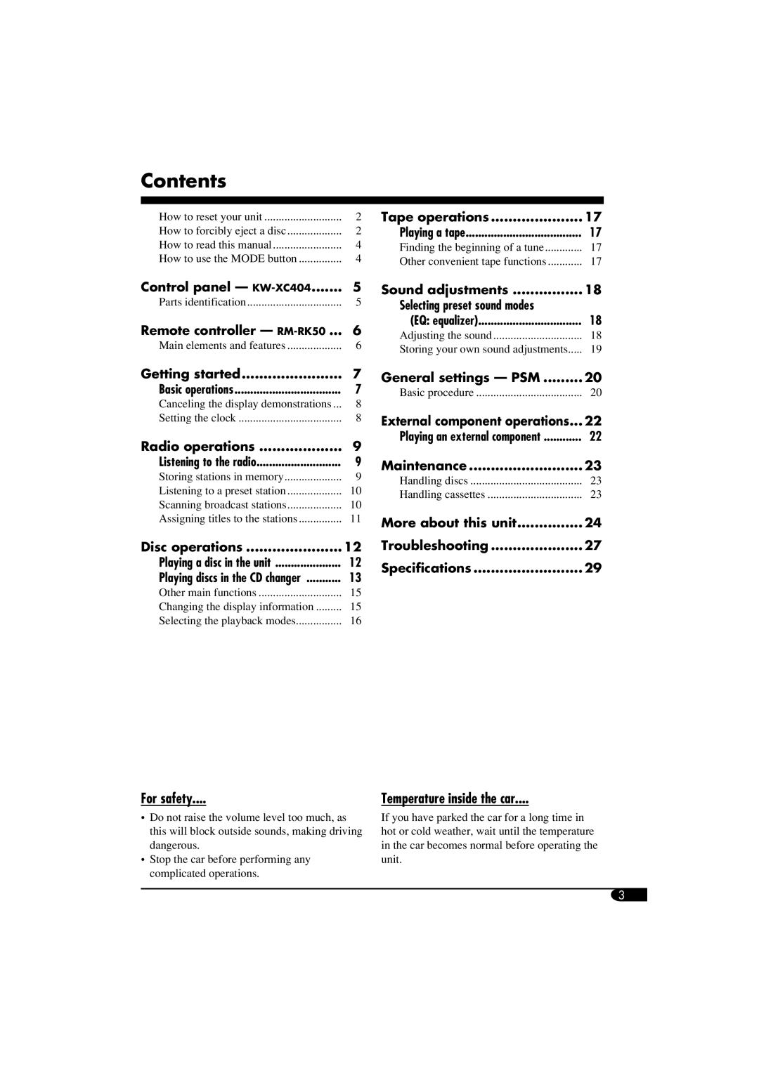 JVC W-XC406, KW-XC405 manual Control panel KW-XC404 Sound adjustments, Getting started General settings PSM 