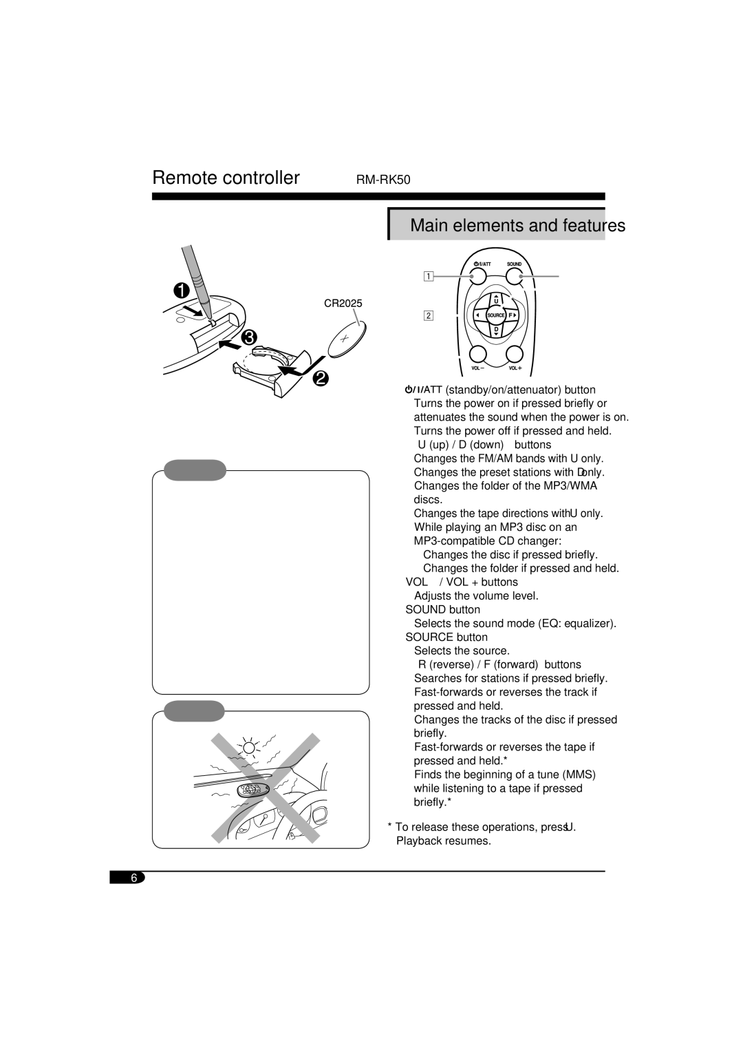 JVC KW-XC405, W-XC406 manual Main elements and features, Installing the lithium coin battery CR2025 