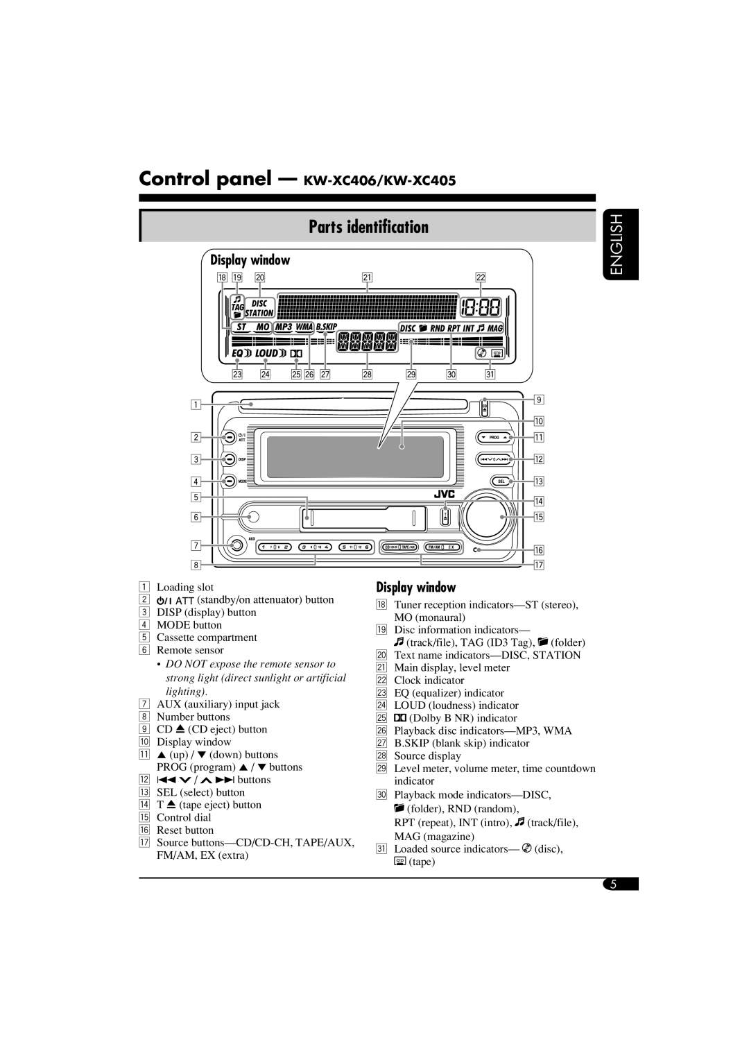 JVC manual Parts identification, Display window, Control panel KW-XC406/KW-XC405 