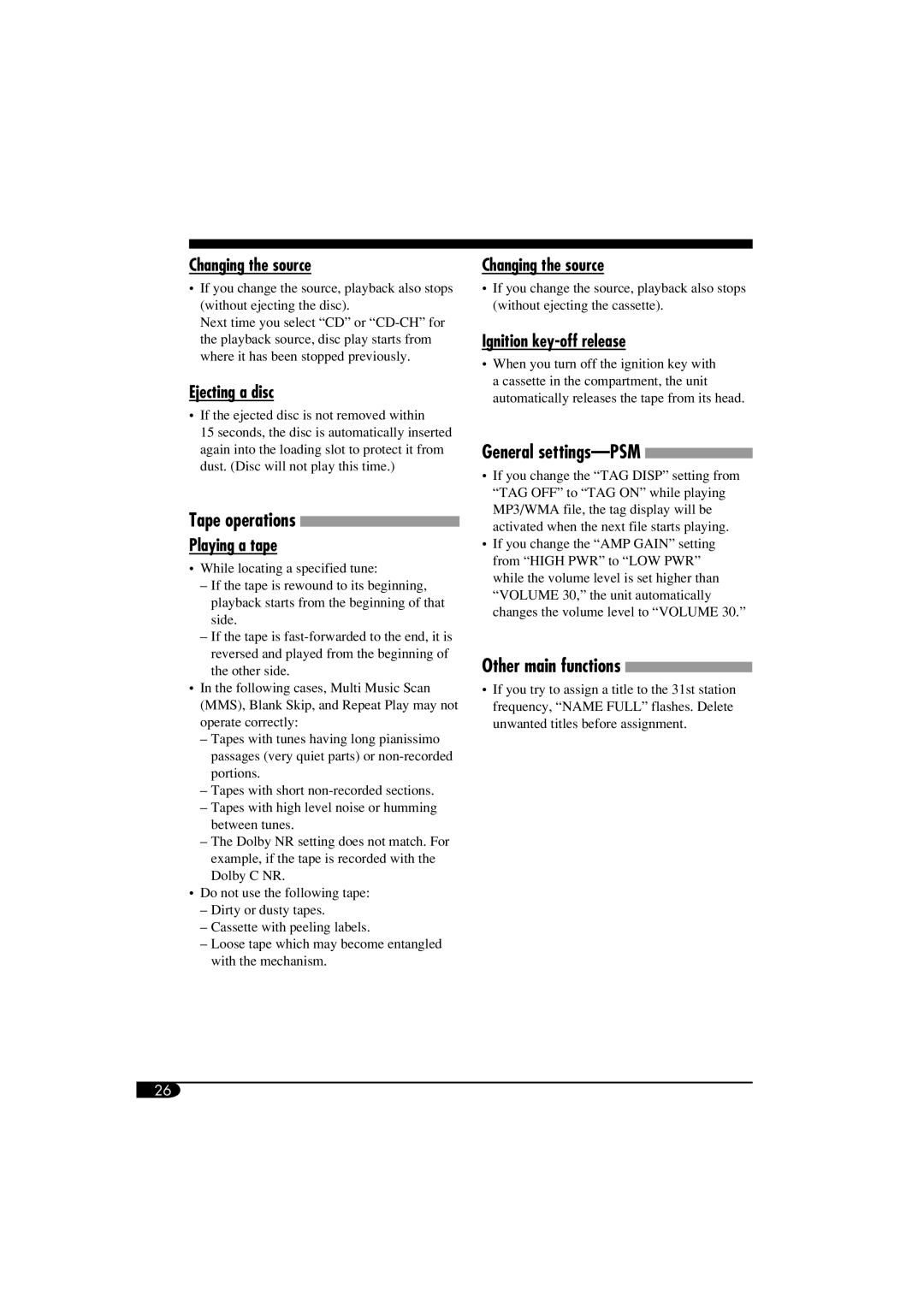 JVC KW-XC405, W-XC406 manual Changing the source 