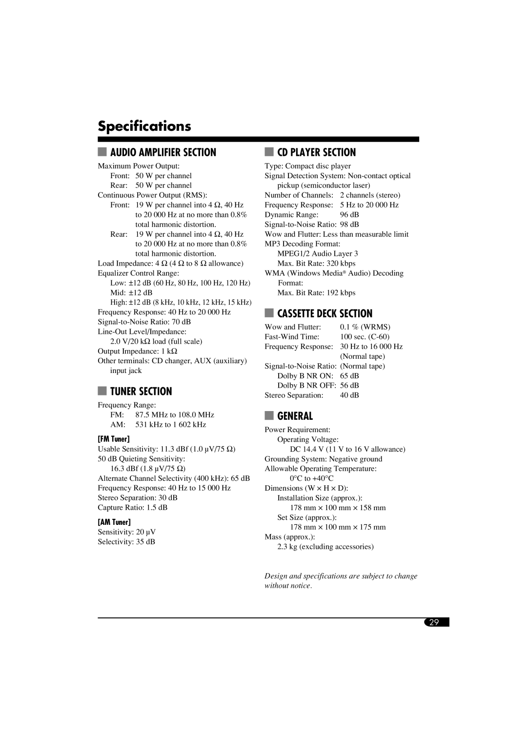 JVC W-XC406, KW-XC405 manual Specifications 