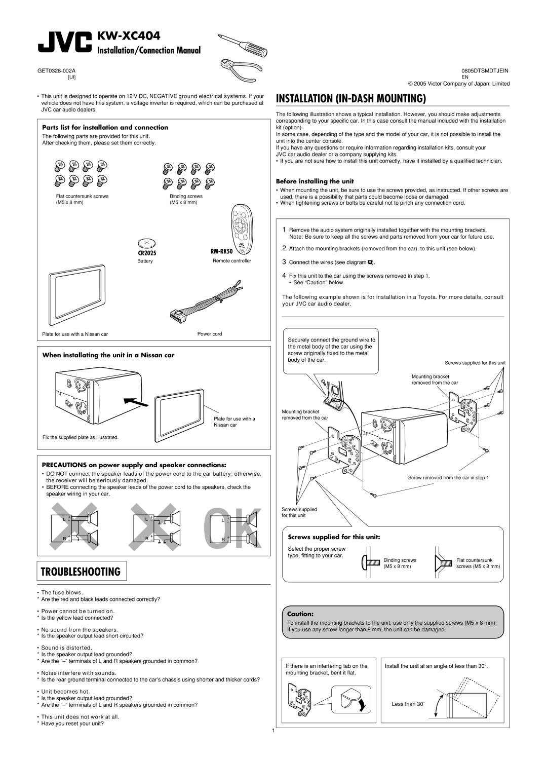 JVC W-XC406, KW-XC405 manual KW-XC404 