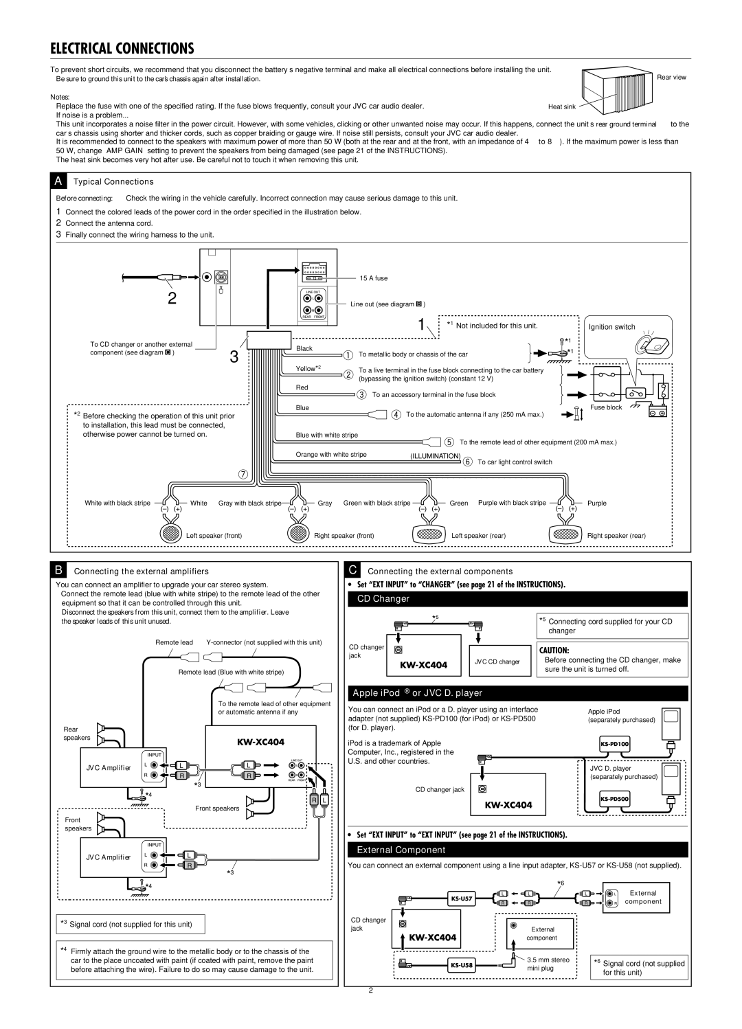 JVC KW-XC405, W-XC406 manual Typical Connections, Connecting the external amplifiers 