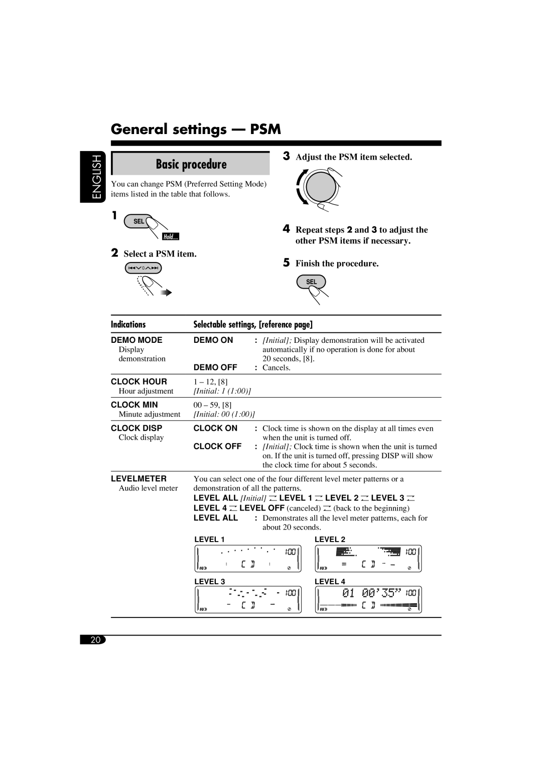 JVC KW-XC405, W-XC406 manual General settings - PSM, Basic procedure, English, Adjust the PSM item selected, Indications 