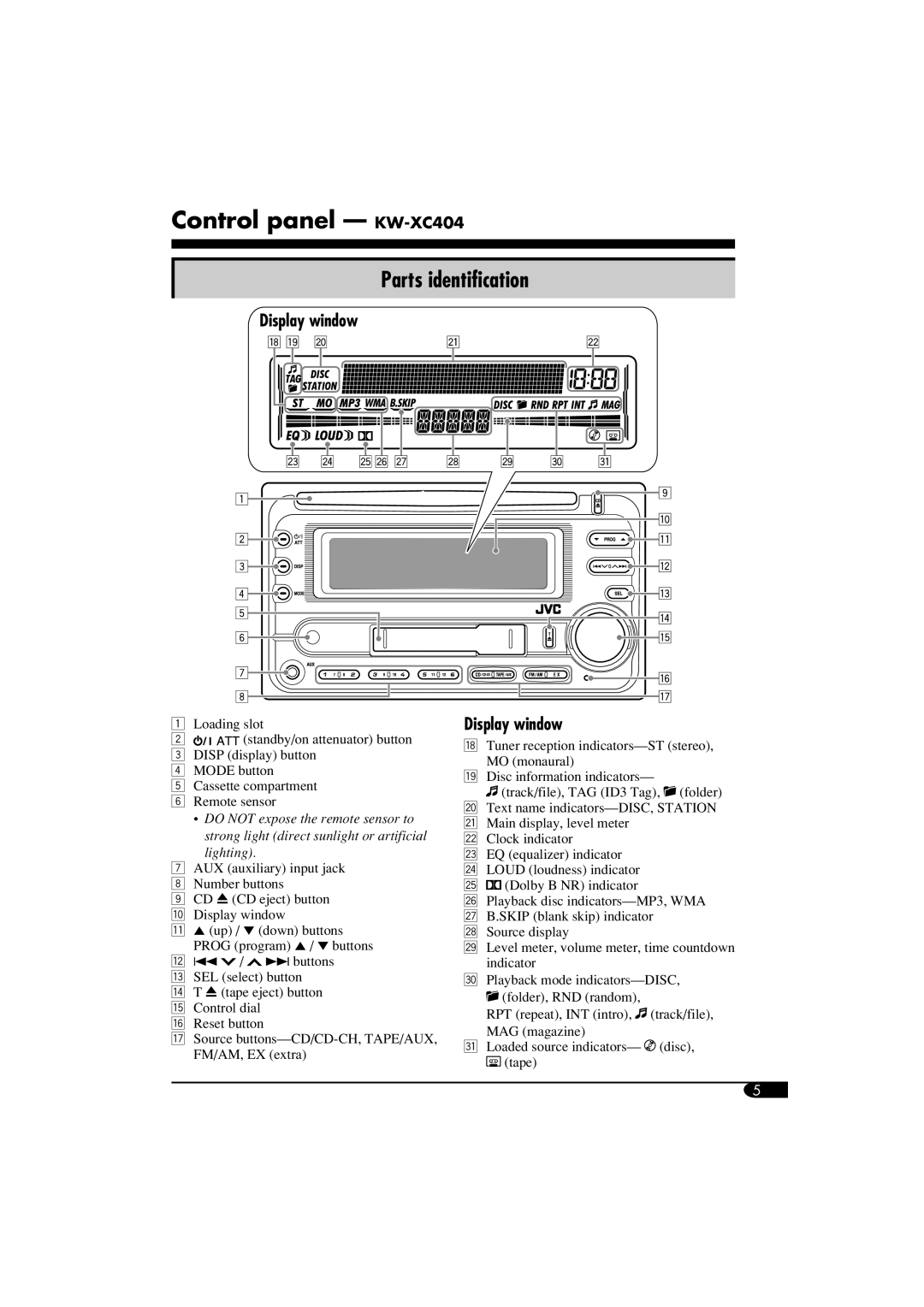 JVC W-XC406, KW-XC405 manual Control panel - KW-XC404, Parts identification, Display window 