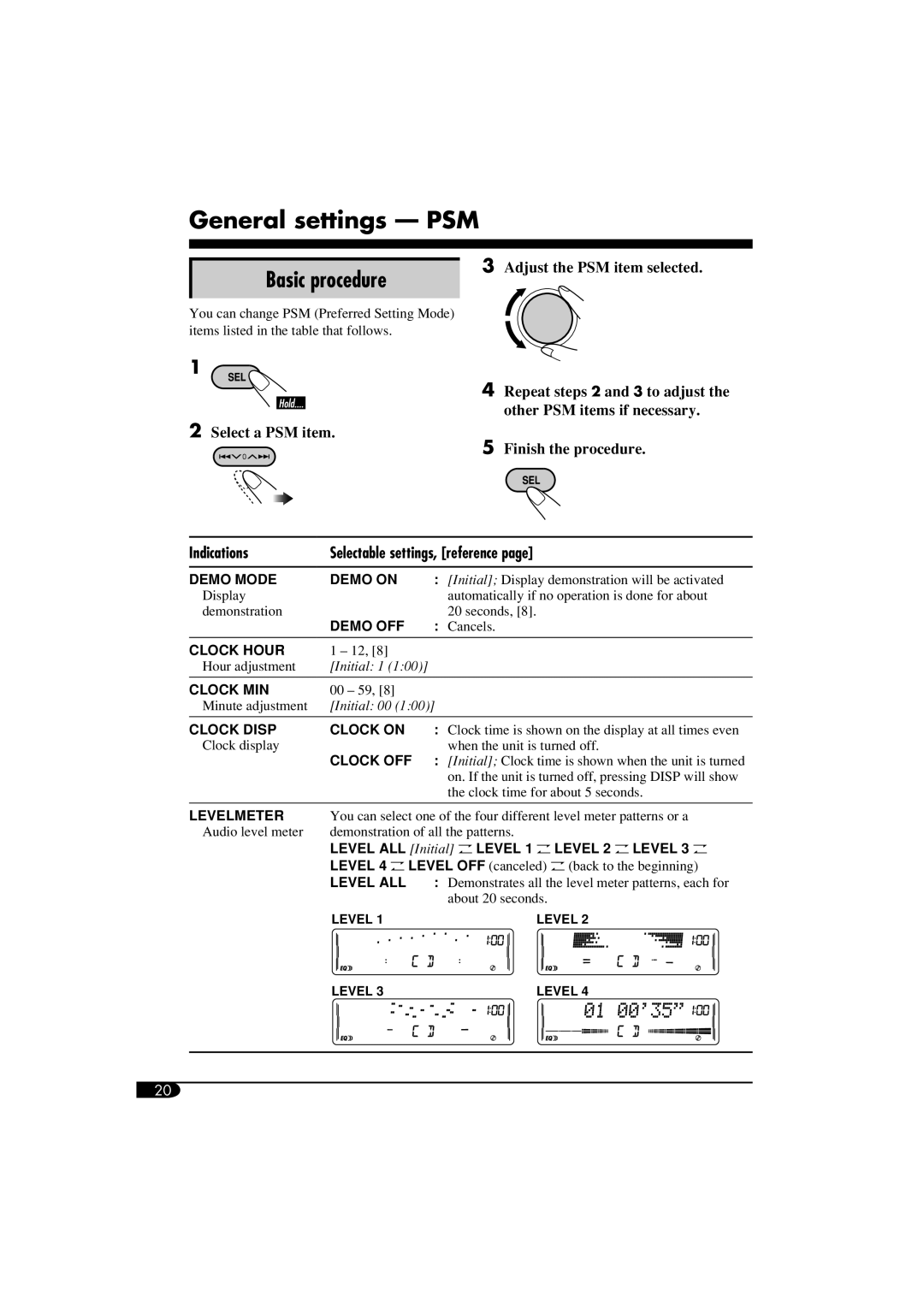 JVC KW-XC405, W-XC406 manual General settings - PSM, Basic procedure, 3Adjust the PSM item selected, Indications 