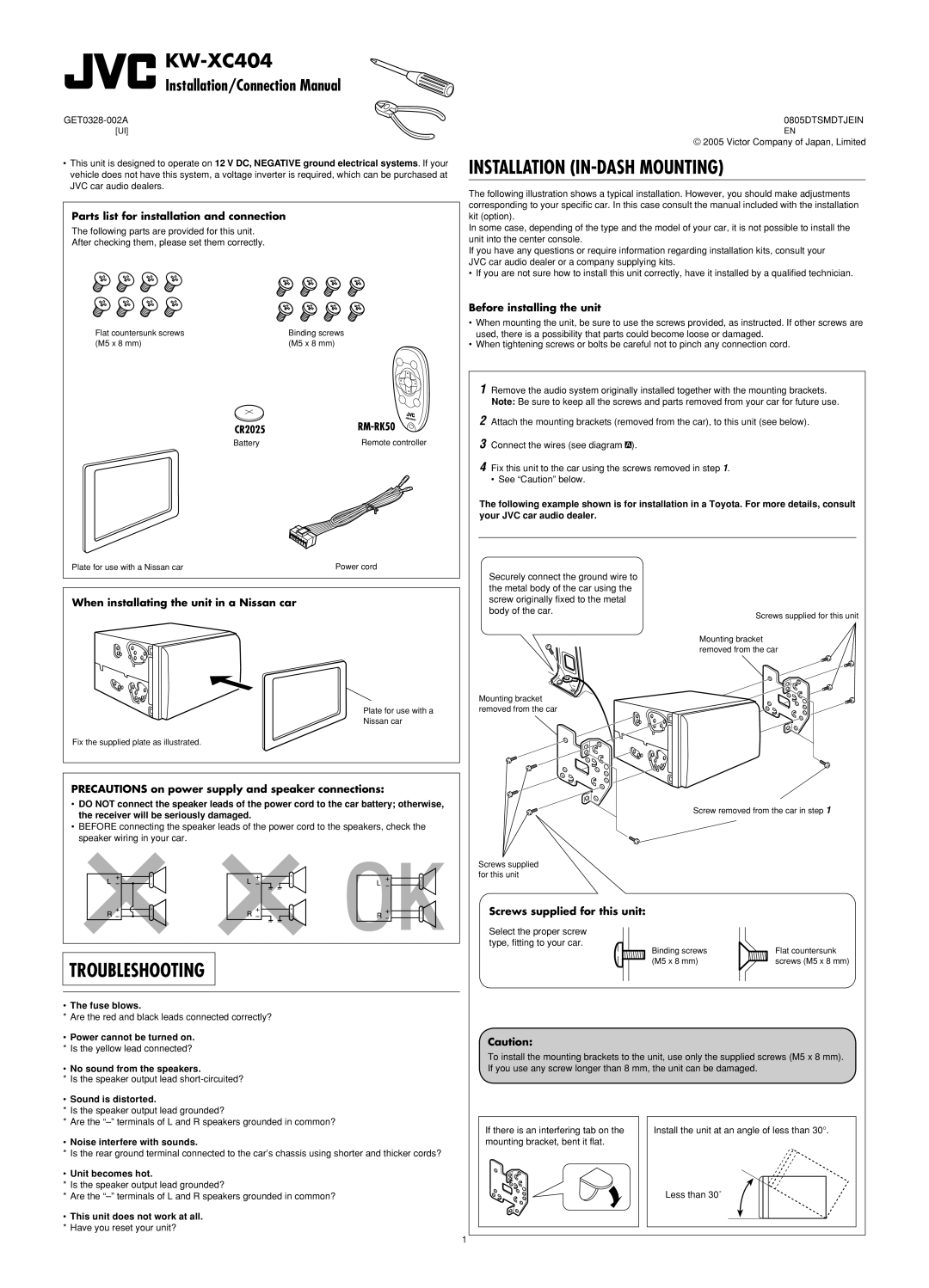 JVC W-XC406 manual KW-XC404, Installation In-Dashmounting, Troubleshooting, Installation/Connection Manual, The fuse blows 