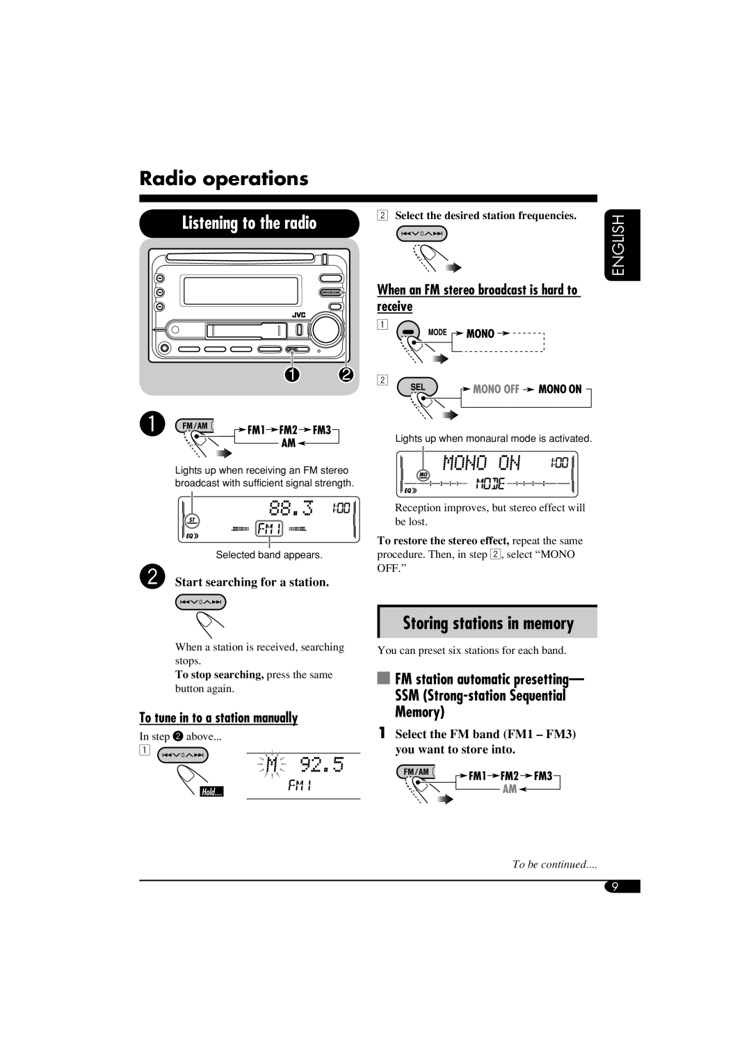 JVC W-XC406 Radio operations, Listening to the radio, Storing stations in memory, FM station automatic presetting, English 