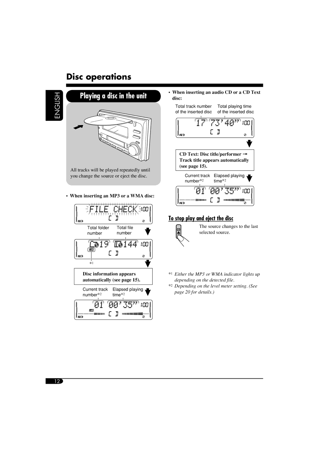 JVC KW-XC410, KW-XC400 manual Disc operations, To stop play and eject the disc 