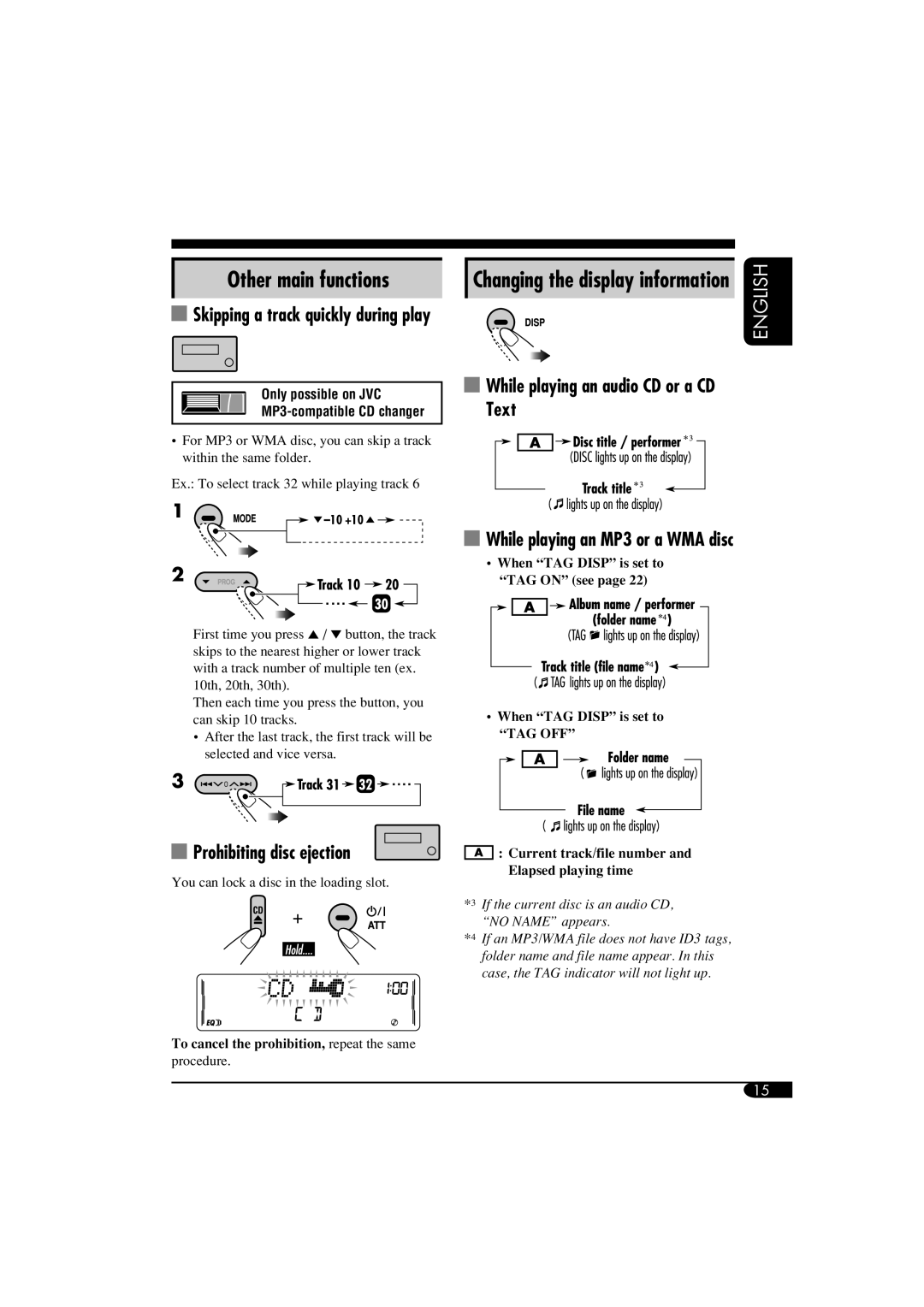 JVC KW-XC400, KW-XC410 manual Other main functions, Prohibiting disc ejection, While playing an audio CD or a CD Text 