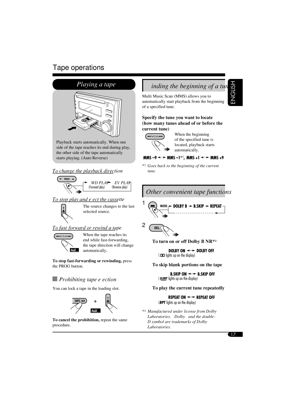 JVC KW-XC400, KW-XC410 manual Tape operations, Prohibiting tape ejection 