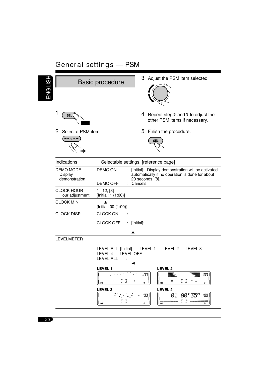 JVC KW-XC410, KW-XC400 manual General settings PSM, Basic procedure 