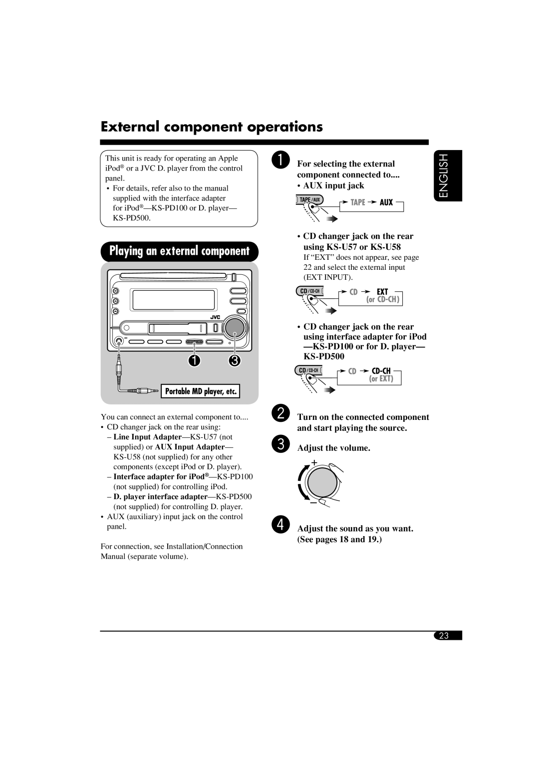 JVC KW-XC400, KW-XC410 manual External component operations, Playing an external component 