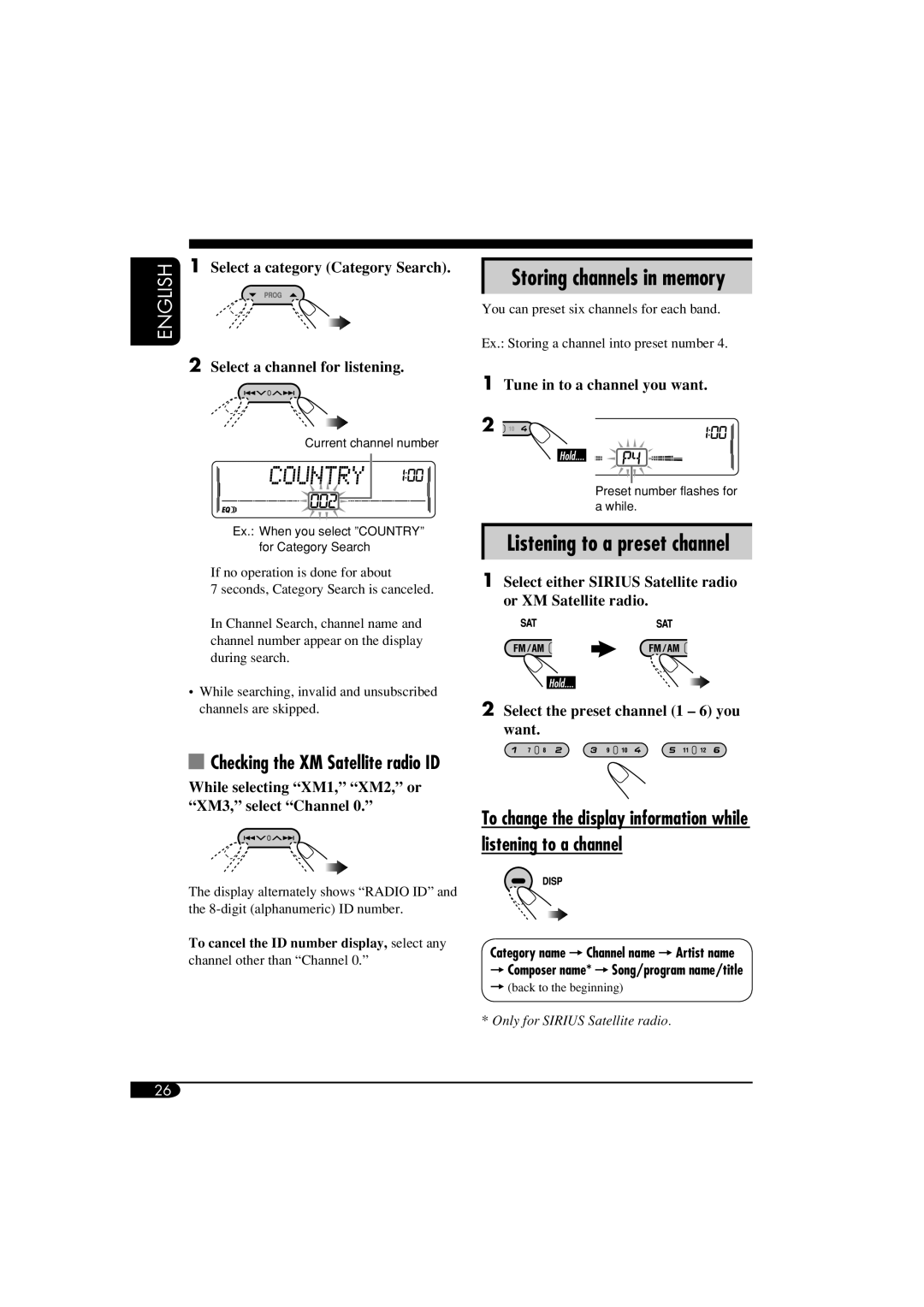 JVC KW-XC410, KW-XC400 manual Checking the XM Satellite radio ID, Category name = Channel name = Artist name 