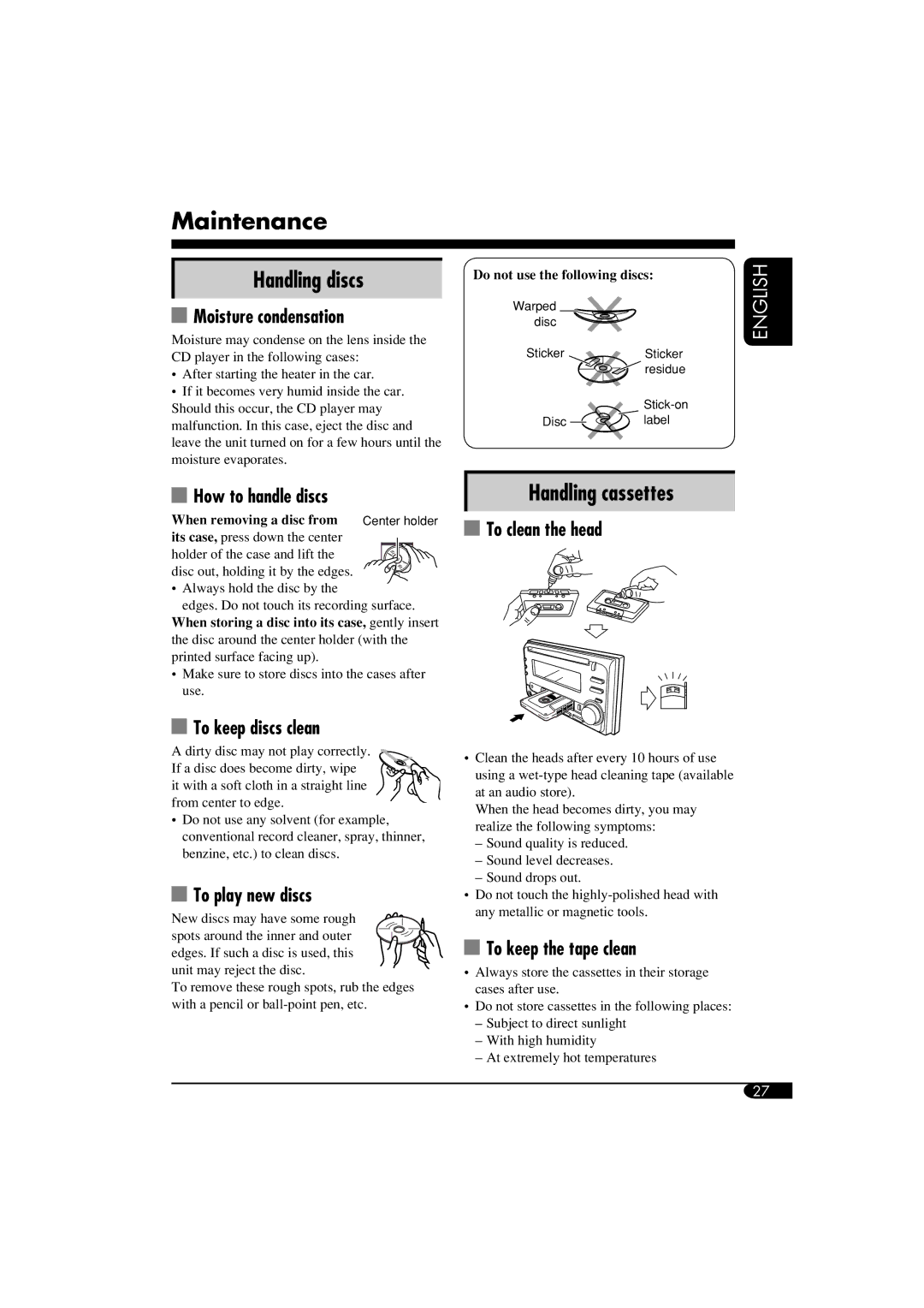 JVC KW-XC400, KW-XC410 manual Maintenance, Handling discs, Handling cassettes 