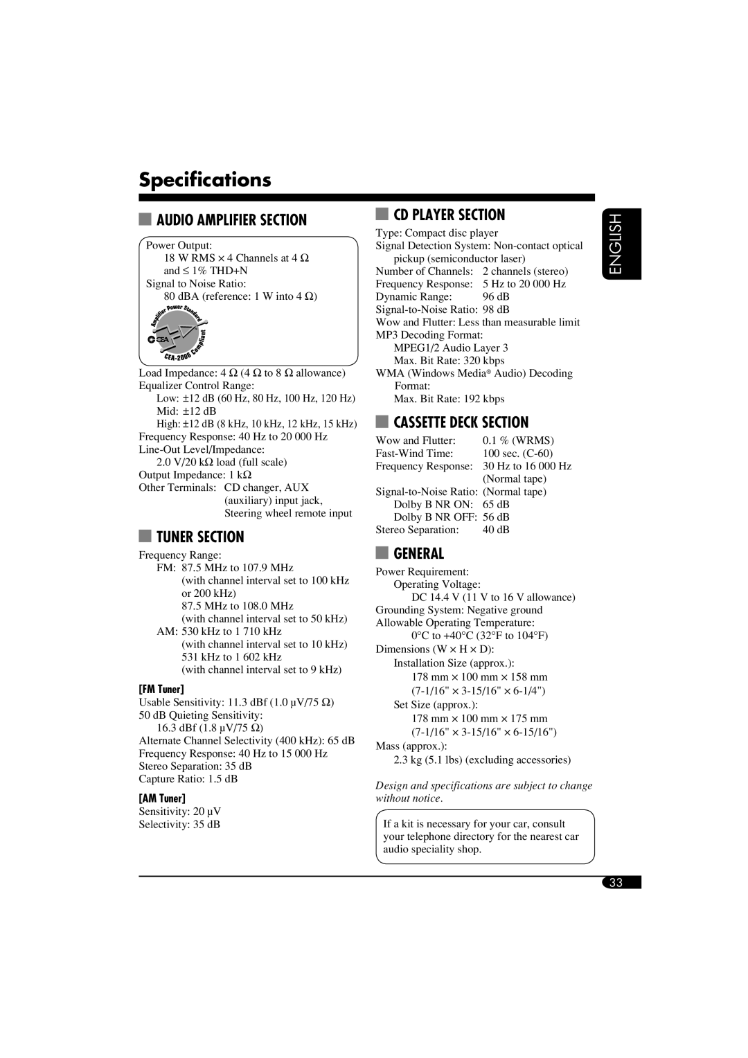 JVC KW-XC400, KW-XC410 manual Specifications, FM Tuner, AM Tuner 