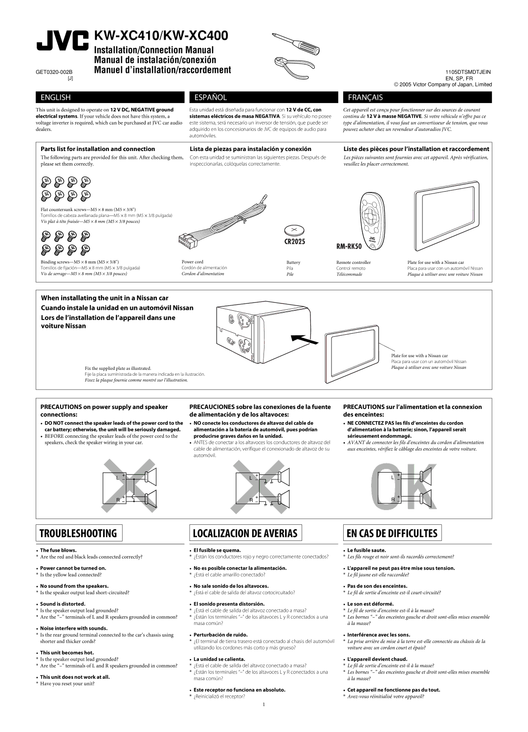 JVC KW-XC400 Precautions on power supply and speaker connections, Liste des pièces pour l’installation et raccordement 