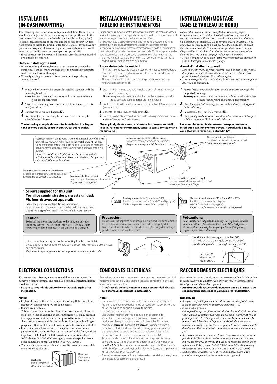 JVC KW-XC410 Precaución, Précautions, Before installing the unit, Antes de instalar la unidad Avant d’installer l’appareil 