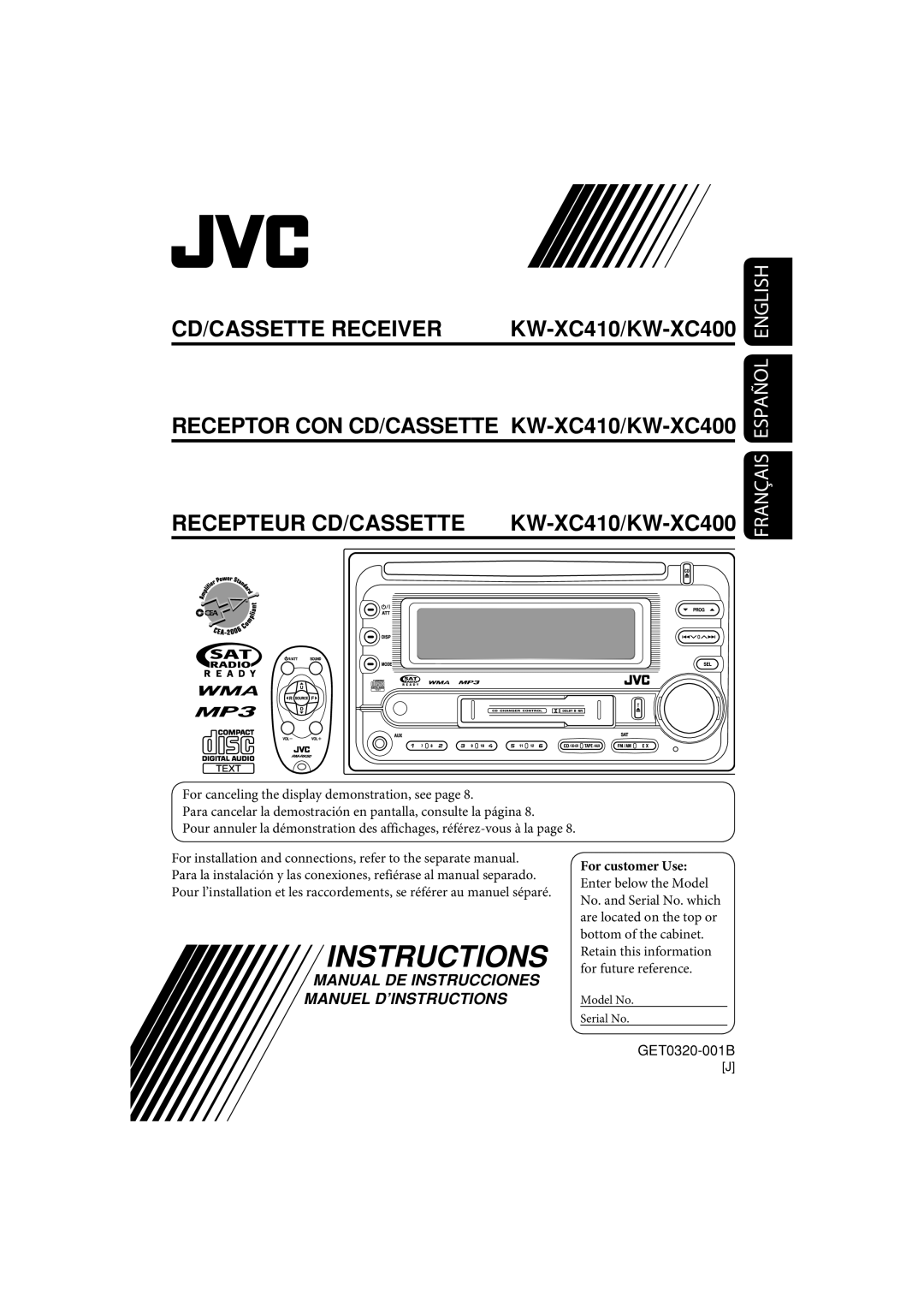 JVC manual Instructions, Cd/Cassette Receiver, Recepteur Cd/Cassette, KW-XC410/KW-XC400, Français Español English 