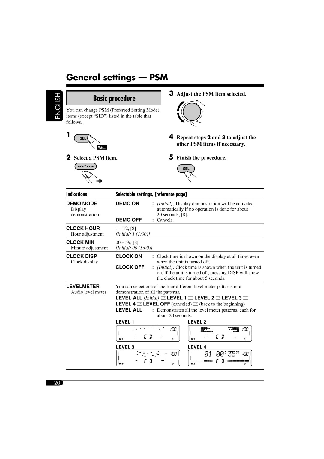 JVC KW-XC410, KW-XC400 General settings - PSM, Basic procedure, English, 2Select a PSM item, 3Adjust the PSM item selected 