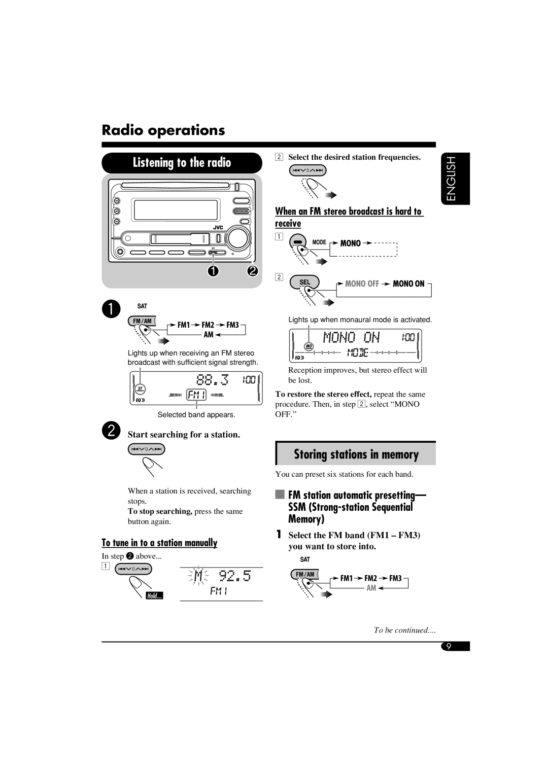 JVC KW-XC400 manual Radio operations, Listening to the radio, Storing stations in memory, FM station automatic presetting 