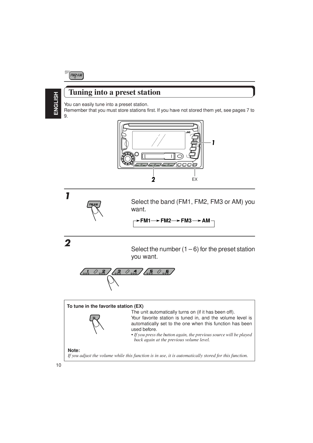 JVC KW-XC770 manual Tuning into a preset station, Select the band FM1, FM2, FM3 or AM you want 