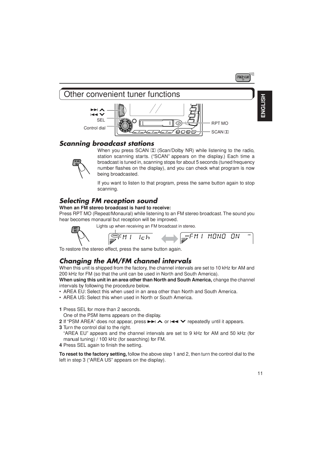 JVC KW-XC770 manual Other convenient tuner functions, Scanning broadcast stations, Selecting FM reception sound 