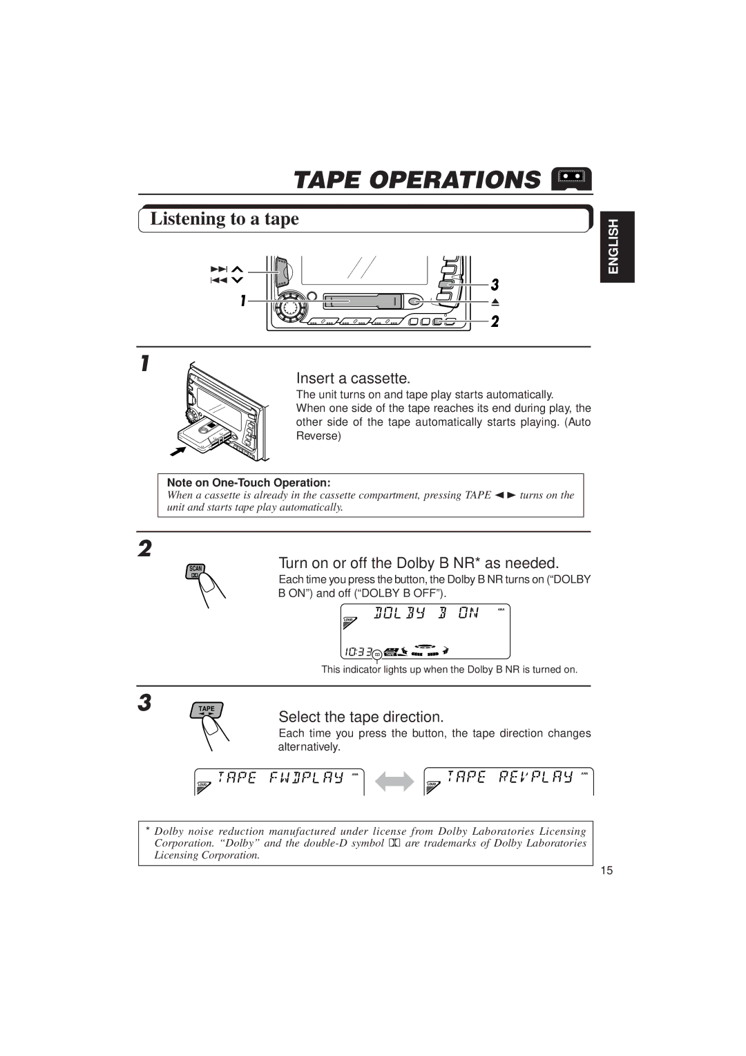 JVC KW-XC770 manual Tape Operations, Listening to a tape, Insert a cassette, Select the tape direction 