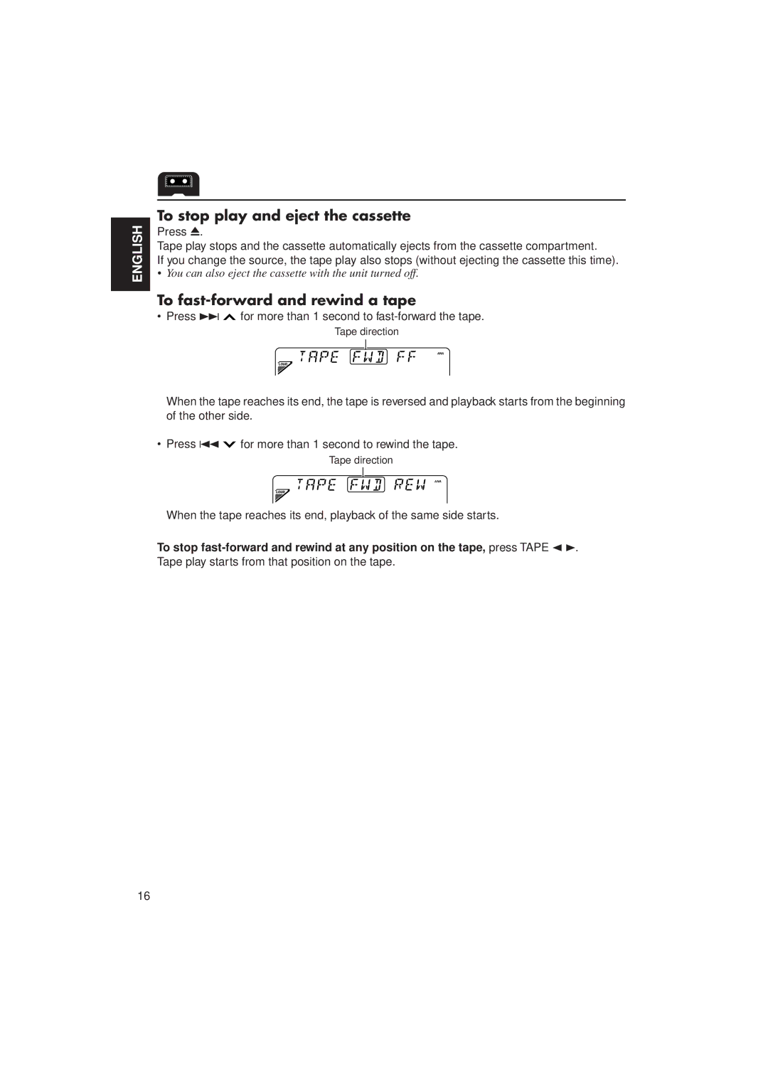 JVC KW-XC770 manual To stop play and eject the cassette, To fast-forward and rewind a tape 