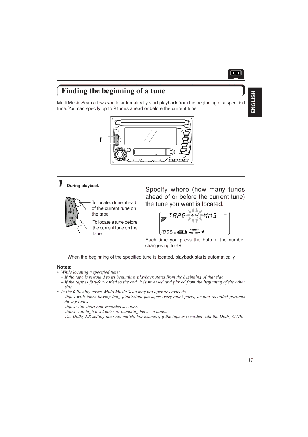 JVC KW-XC770 manual Finding the beginning of a tune, To locate a tune ahead, Current tune on the tape 