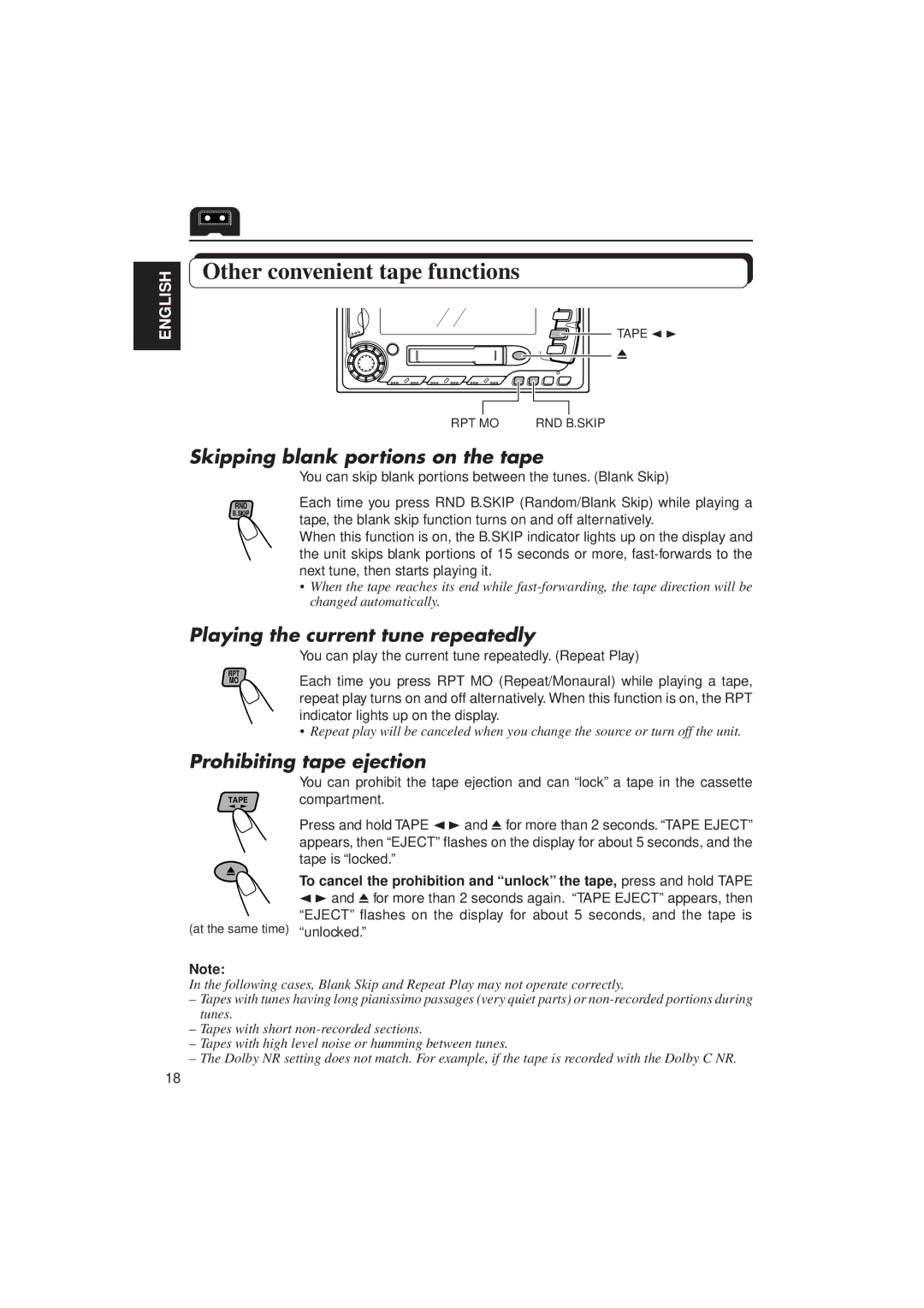 JVC KW-XC770 Other convenient tape functions, Skipping blank portions on the tape, Playing the current tune repeatedly 