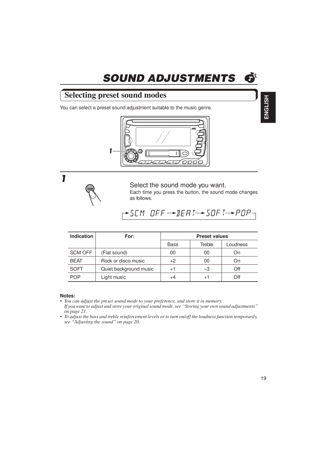 JVC KW-XC770 Sound Adjustments, Selecting preset sound modes, Select the sound mode you want, Indication For Preset values 