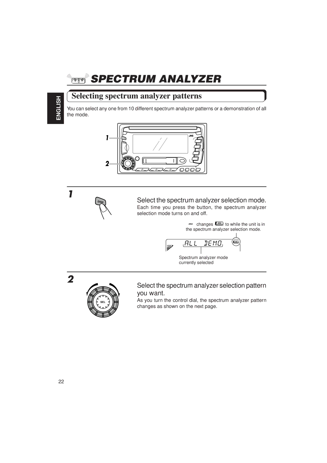 JVC KW-XC770 manual Spectrum Analyzer, Selecting spectrum analyzer patterns, Select the spectrum analyzer selection mode 