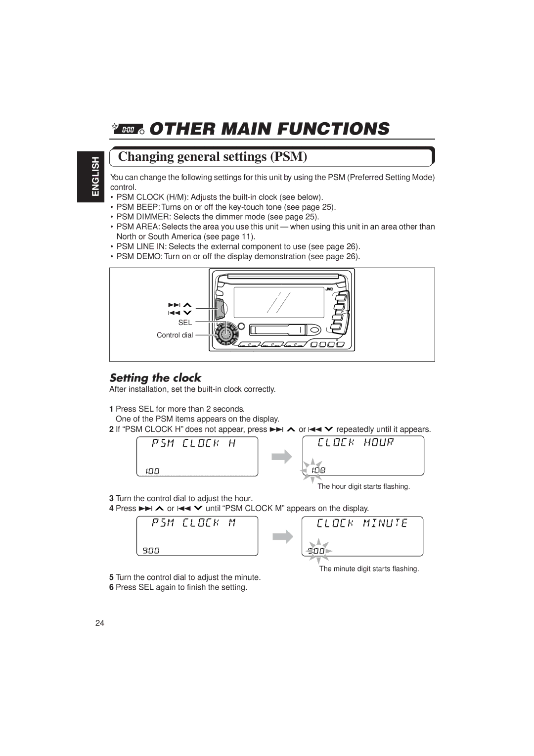 JVC KW-XC770 manual Other Main Functions, Changing general settings PSM, Setting the clock 