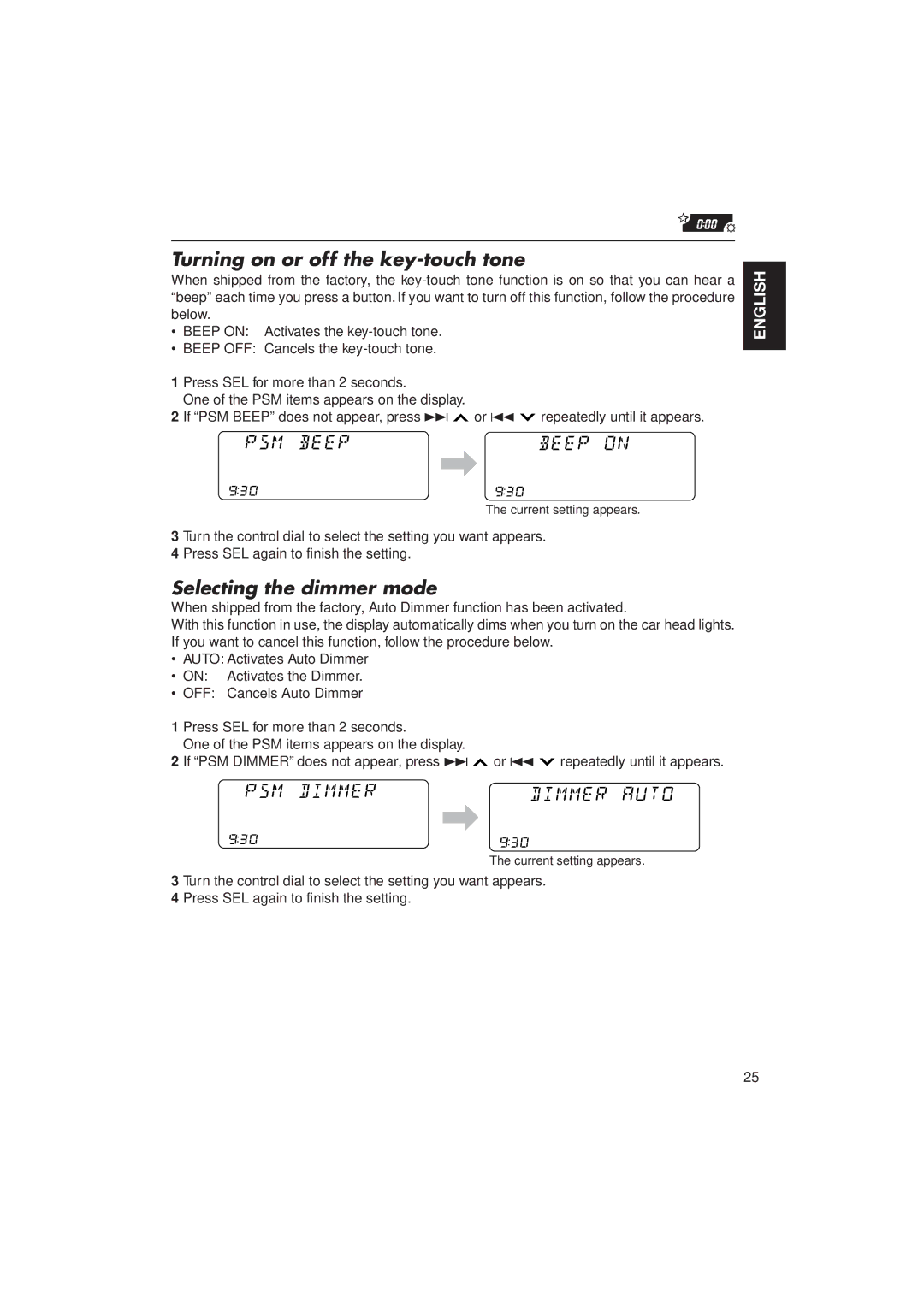 JVC KW-XC770 manual Turning on or off the key-touch tone, Selecting the dimmer mode 