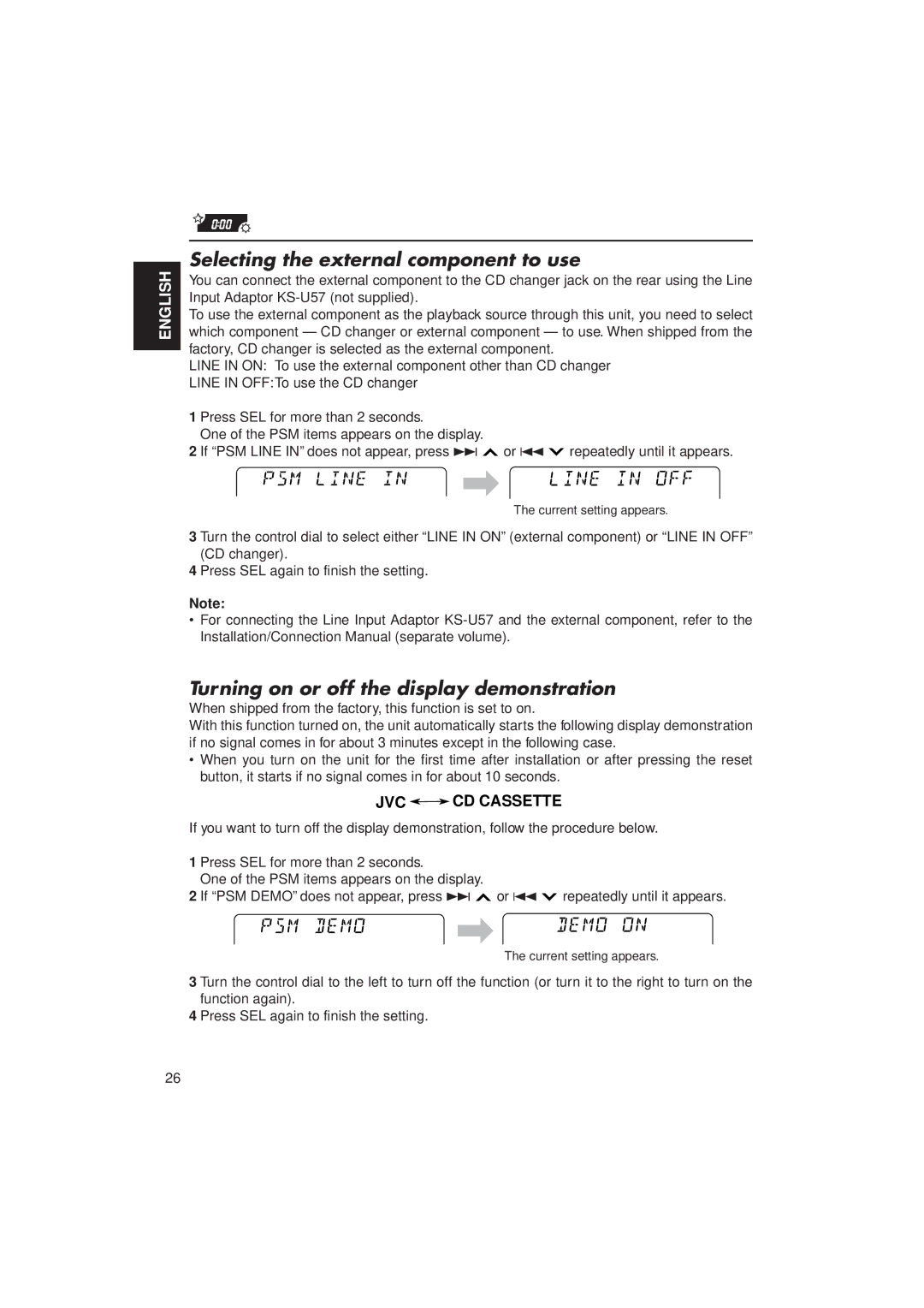 JVC KW-XC770 manual Selecting the external component to use, Turning on or off the display demonstration 